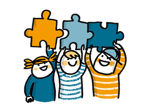 Bild: DKJS/Sandra Bach Illustration dreier Kinder, die je ein großes Puzzteil überdem Kopf zusammenfügen