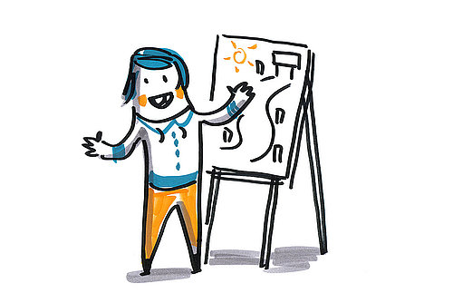 Illustration einer Person, die etwas an einem Flipchart erklärt