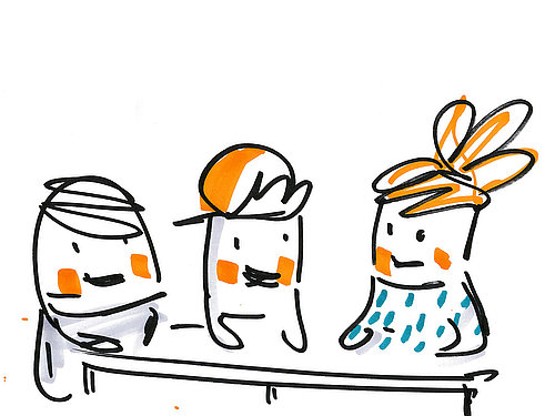 Bild: DKJS/Sandra Bach Illustration zweir Kinder und einer Frau, die gemeinsam an einem Tisch sitzen