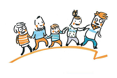 Illustration einer Gruppe von Leuten, die Hand in Hand einen Weg gehen