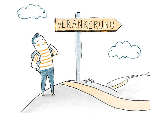 Bild: © DKJS/Sandra Bach Illustration, die einen Mann am Wegesrand auf ein Hinweisschild schaut