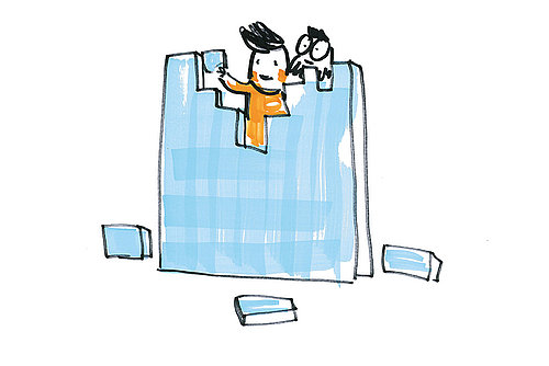 Illustration zweier Personen die eine Mauer abbauen