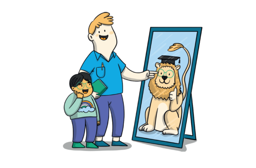 Illustration eines Kindes und eines Erwachsenen, die in einen Spiegel sehen. Das Spiegelbild zeigt dabei einen Löwen.