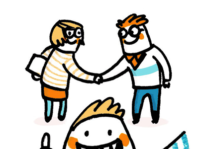 Bild: DKJS/Sandra Bach Illustration einer Frau und eines Mannes, die sich die Hände schütteln. Im Vordergrund ist ein lachendes Kind zu sehen.