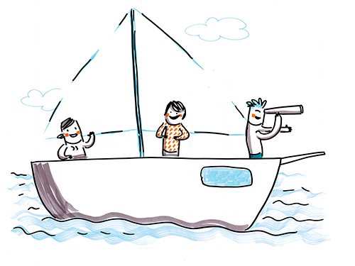 Illustration eines Segelboots auf dem drei Personen stehen. Eine Person schaut durch ein Fernrohr.