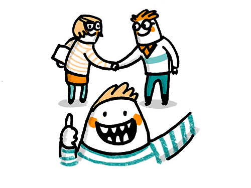 Bild: DKJS/Sandra Bach Illustration eines Kindes, das im Bildvordergrund lacht, während sich im Hintergrund zwei erwachsene Personen die Hände schütteln.nd