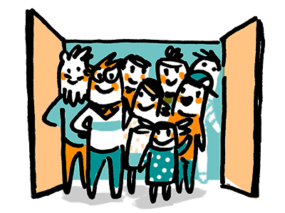 Bild: Sandra Bach/DKJS Illustrattion einer Gruppe von Menschen, die an einem Gebäudeeingang stehen