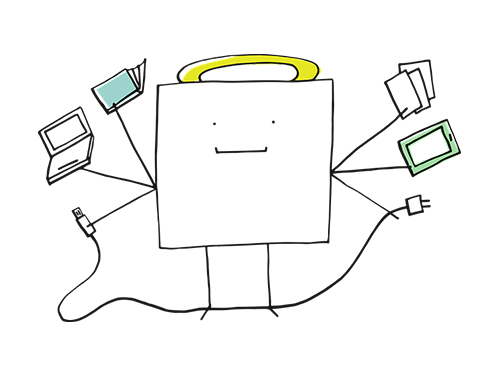 Bild: manfredsteger/Pixabay.com/CC0 Illustration eines Koffers, der mit Tablet, Laptop Büchern und Steckern verbunden ist