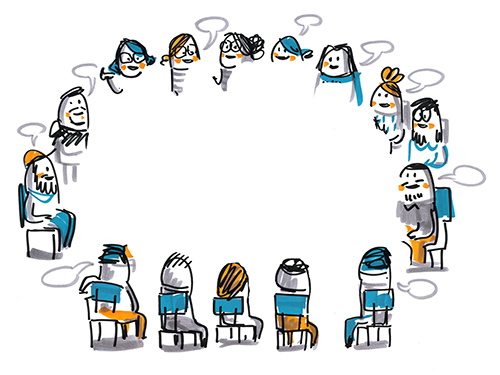 Bild: DKJS/Sandra Bach Illustration einer Gruppe von Personen, die an einem runden Tisch sitzen