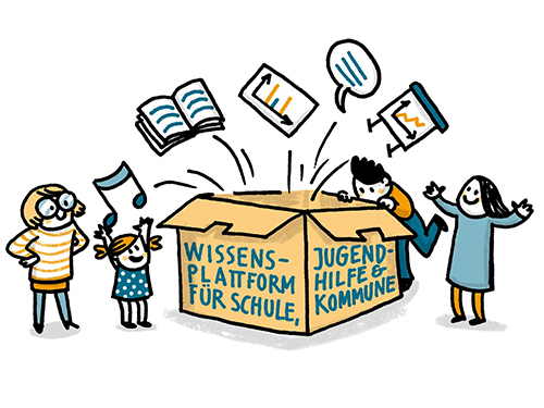 Bild: DKJS/Sandra Bach Illustration von Menschen, die einen Karton betrachten, aus dem u.a. Bücher und Flipcharts springen
