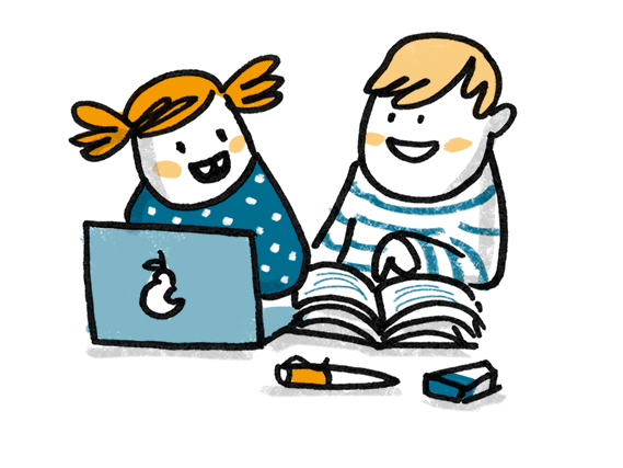 Illustration zweier Kinder, die vor einem Laptop und einem Buch sitzen.