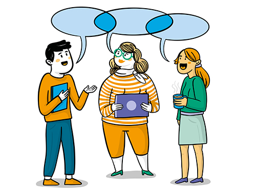 Illustration dreier Personen, die sich unterhalten.