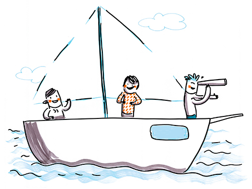 Illustration eines Segelbootes, auf dem drei Personen stehen.