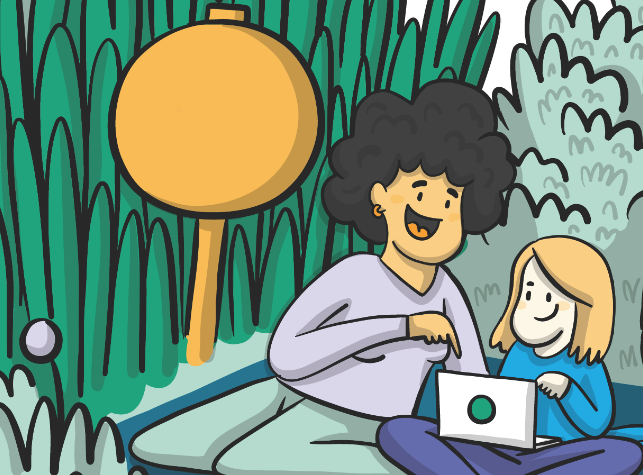 Illustration einer erwachsenen Person, die einem Kind etwas am Laptop erklärt.