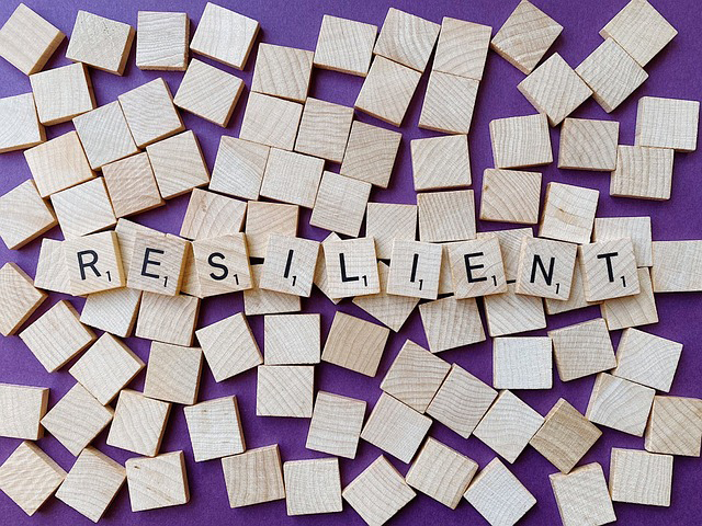 Fotografie, die das Wort resilient zeigt, das aus Holzspielsteinen gelegt ist.