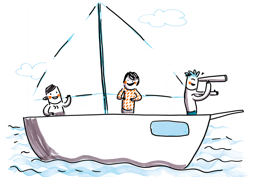 Zeichnung von drei Personen auf einem Boot. Eine Person sieht durch ein Fernrohr.